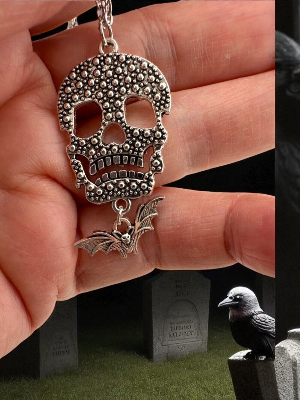 Skull Bat Necklace Silver Tone 18" Diamond Cut Stainless Steel Goth Halloween
